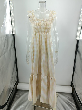 ノースリーブ マキシドレス カジュアル チェック柄 ロングドレス