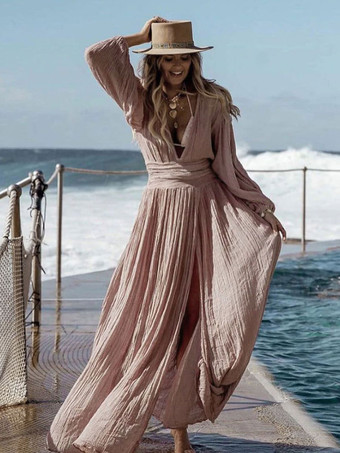 PinkMaxi Dress V-Neck Long Sleeves High-slit Long Dresses