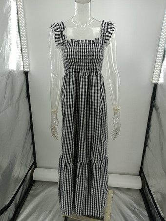 ノースリーブ マキシドレス カジュアル チェック柄 ロングドレス