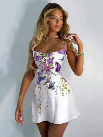 ホワイト サマードレス ストラップネック 花柄 ホワイト ショートビーチドレス