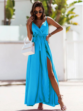 ブルー マキシドレスジュエルネックノースリーブポリエステルセクシーサッシュフロア丈ドレス