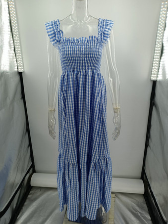 ノースリーブ マキシドレス カジュアル チェック柄 ロングドレス