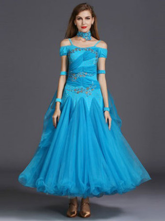 ライトスカイブルーボールルームダンスワンピース　社交ダンス衣装　イエロー　チュール　ラッフル　オフショルダー　ボールルームダンス衣装　