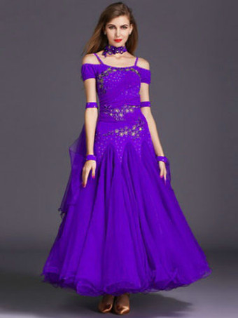 ボールルームダンスワンピース　社交ダンス衣装　イエロー　チュール　ラッフル　オフショルダー　ボールルームダンス衣装　