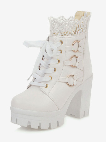 ホワイト ロリータブーツ ブラックレース ラウンドトゥ PUレザー チャンキーヒール 甘いロリータシューズ