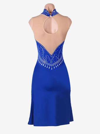 ラテンダンスコスチュームブルーレディースラインストーンハイスリットボディコンセクシーポリエステルドレスダンスコスチューム