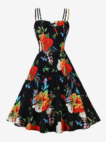Vintage Dress 1950s Audrey Hepburn Style Backless Sleeveless Woman's Knee Length Floral Print Rockabilly Dress