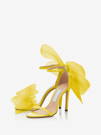 イエロープロム ヒール レディース アンクル ストラップ ボウ サンダル ブライダル シューズ