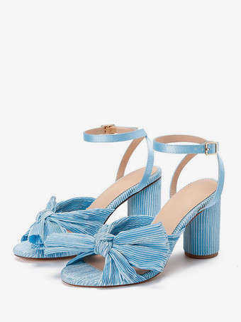 ライトスカイブルー女性の弓結婚式のサンダルブロックヒールプロムシューズホワイトホームカミングシューズ