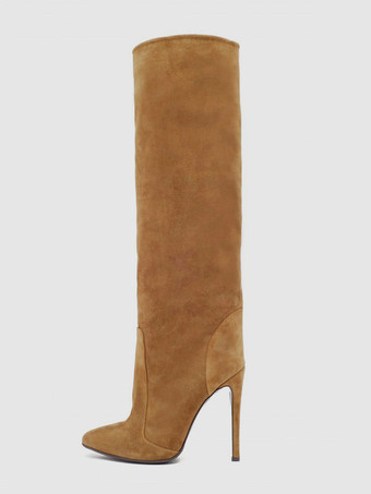 ブラウン レディース ワイド カーフ ブーツ スエード スティレット ヒール ニーハイ ブーツ