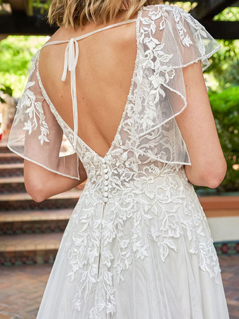 シンプルなウェディングドレスレース Vネック ノースリーブ レース Aライン ブライダルガウン 自由なカスタマイズ