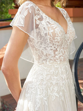 シンプルなウェディングドレスレース Vネック ノースリーブ レース Aライン ブライダルガウン 自由なカスタマイズ