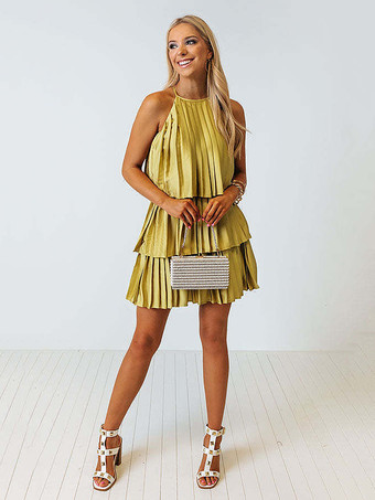 ゴールド ミニドレス ピンク ノースリーブ プリーツ ショートドレス