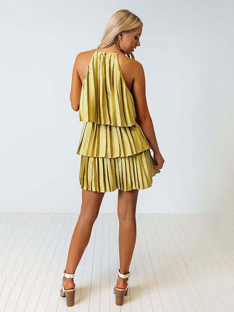 ミニドレス ピンク ノースリーブ プリーツ ショートドレス