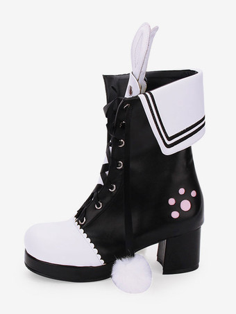 古典的なロリータブーツポンポンバニー耳ツートンチャンキーヒールPUロリータ靴