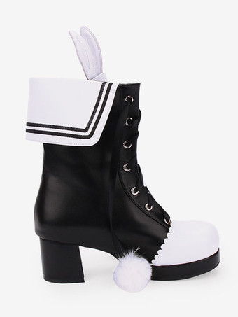 古典的なロリータブーツポンポンバニー耳ツートンチャンキーヒールPUロリータ靴