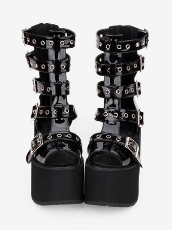 Bottes de sandales gothiques Lolita à œillets métalliques à boucle plate-forme noir Chaussures Lolita