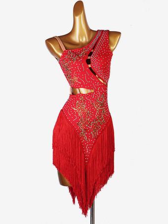 Traje de baile latino Vestido rojo de licra de licra para mujer