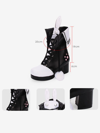 古典的なロリータブーツポンポンバニー耳ツートンチャンキーヒールPUロリータ靴