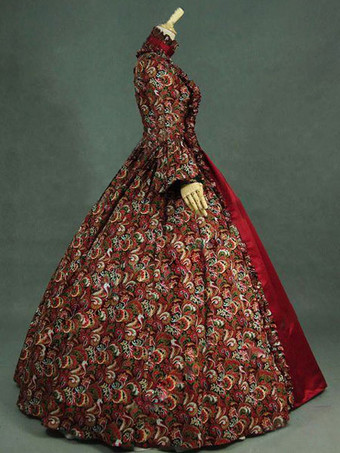 中世 ドレス 宮廷ドレス 女性用 プリンセス 貴族ドレス レッド 長袖 バロック風 パーティー レトロ ヨーロッパ 宮廷風 中世 ドレス・貴族ドレス バーガンディ