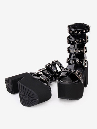 ゴシックロリータサンダルブーツグロメットメタリックバックルプラットフォームブラックロリータシューズ