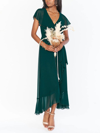 ダークグリーンブライドメイドドレス Aライン くるぶし丈 シフォン フォーマルガウン 自由なカスタマイズ