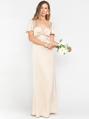 Champagne Robe de demoiselle d'honneur robe cocktail mariage col V manche courte zip sur dos