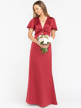 Rouge Robe de demoiselle d'honneur robe cocktail mariage col V manche courte zip sur dos