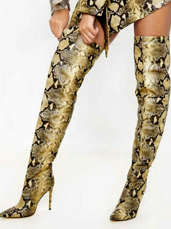 女性スティレットヒールポインテッドトゥPUレザーオーバーニーブーツライトグレーサイハイブーツ