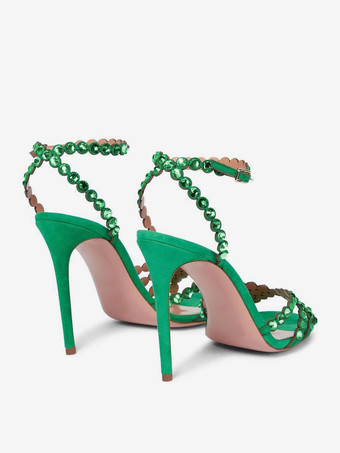 ハイヒールサンダル グリーン オープントゥ ラインストーン アンクルストラップ スティレットヒール プロム パーティーシューズ