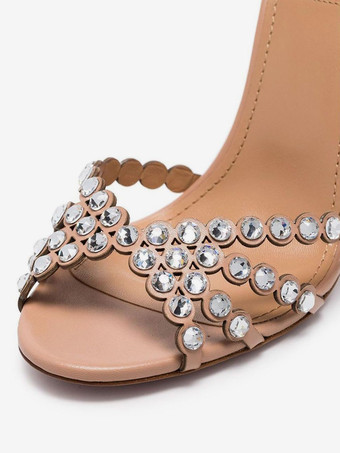 ハイヒールサンダル グリーン オープントゥ ラインストーン アンクルストラップ スティレットヒール プロム パーティーシューズ