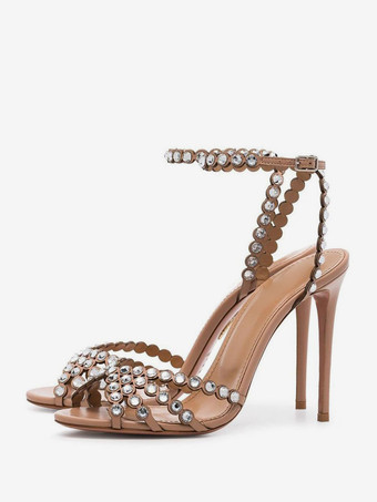 ライトブラウンハイヒールサンダル グリーン オープントゥ ラインストーン アンクルストラップ スティレットヒール プロム パーティーシューズ