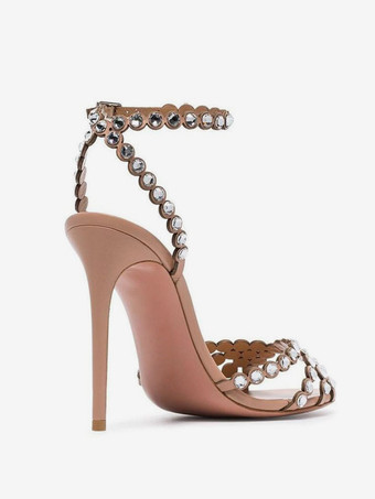 ハイヒールサンダル グリーン オープントゥ ラインストーン アンクルストラップ スティレットヒール プロム パーティーシューズ