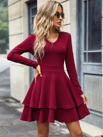 ミニドレス Vネック長袖 無地 ポリエステル ショートドレス