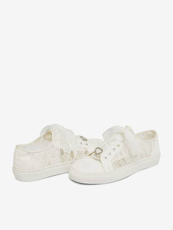 女性のウェディング シューズ メタル ディテール キャンバス ラウンド トゥ フラット ブライダル スニーカー シューズ