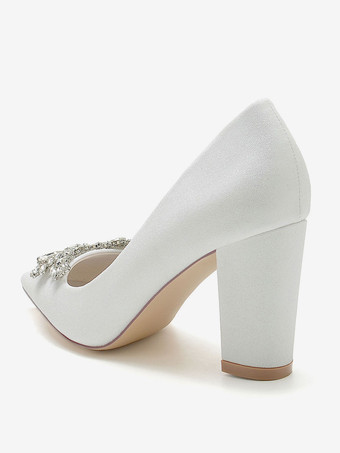 女性の結婚式の靴ラインストーン先のとがったつま先チャンキーヒールブライダルシューズ