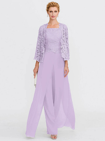 ライラック花嫁のマザーガウンバトーネック長袖Aラインレースライトグレーゲストパンツサッシ付き結婚式用スリーピース