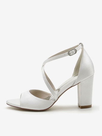 女性の結婚式の靴サテンのぞき見つま先ブロックヒールブライダルシューズ