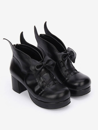 ロリィタシューズ　ブラック　リボン柄　カジュアル　丸いつま先　PU　