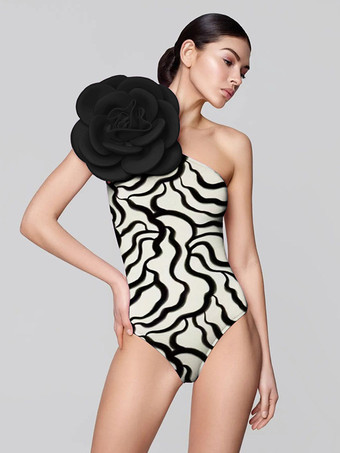 女性のためのワンピース水着ブラックホワイト花非対称ネック背中の開いた夏のセクシーな水着