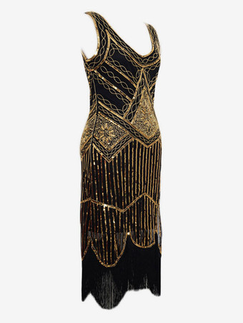 1920sフラッパードレス　2025　グレートギャツビーコスチューム　ブラック　ゴールド　スパンコールフリンジ　レトロコスチュームドレスハロウィン