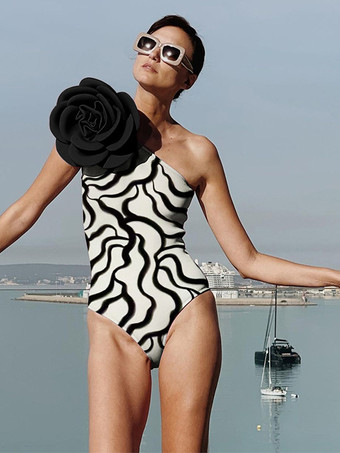 ホワイト＋ブラック女性のためのワンピース水着ブラックホワイト花非対称ネック背中の開いた夏のセクシーな水着