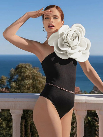 女性のためのワンピース水着ブラックホワイト花非対称ネック背中の開いた夏のセクシーな水着