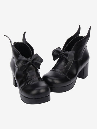 ロリィタシューズ　ブラック　リボン柄　カジュアル　丸いつま先　PU　