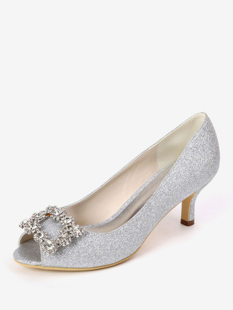 Argento Scarpe per ospiti di nozze Champagne con strass Peep Toe Kitten Heel Scarpe da sposa Paillettes Scarpe da festa