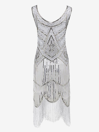 ホワイト 1920sフラッパードレス　2025　グレートギャツビーコスチューム　ブラック　ゴールド　スパンコールフリンジ　レトロコスチュームドレスハロウィン