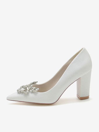 女性の結婚式の靴ラインストーン先のとがったつま先チャンキーヒールブライダルシューズ