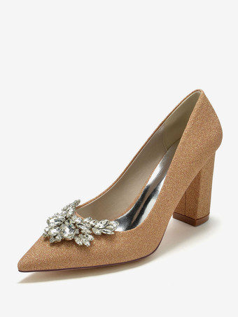 シャンパンカラー女性の結婚式の靴ラインストーン先のとがったつま先チャンキーヒールブライダルシューズ