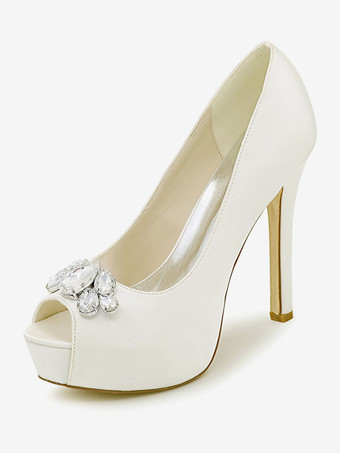 アイボリー シルバー　ウェディングシューズ　2025　プラットフォーム　ピープトウ　ラインストーン　スリップオン　ハイヒール　ブライダルシューズ