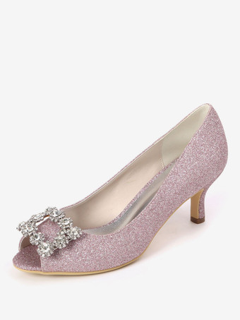 Rosa FucsiaScarpe per ospiti di nozze Champagne con strass Peep Toe Kitten Heel Scarpe da sposa Paillettes Scarpe da festa